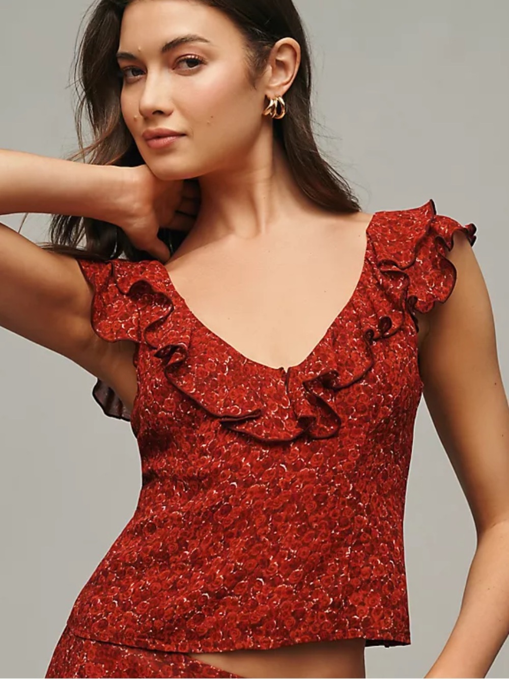 Reformation Red Floral Ruffle Tie-Front Camisole